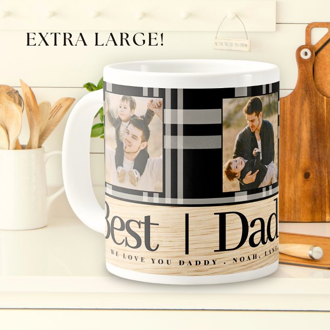 Best Dad Ever Buffalo Plaid Wood Photo Fathers Day Large Coffee Mug (Creator Uploaded)