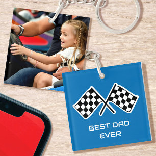 Best Dad Ever Chequered Flags Custom Photo Blue Key Ring