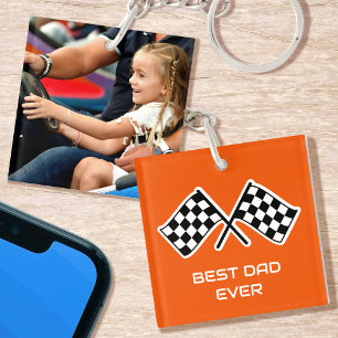 Best Dad Ever Chequered Flags Custom Photo Orange Key Ring