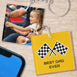 Best Dad Ever Chequered Flags Custom Photo Yellow Key Ring