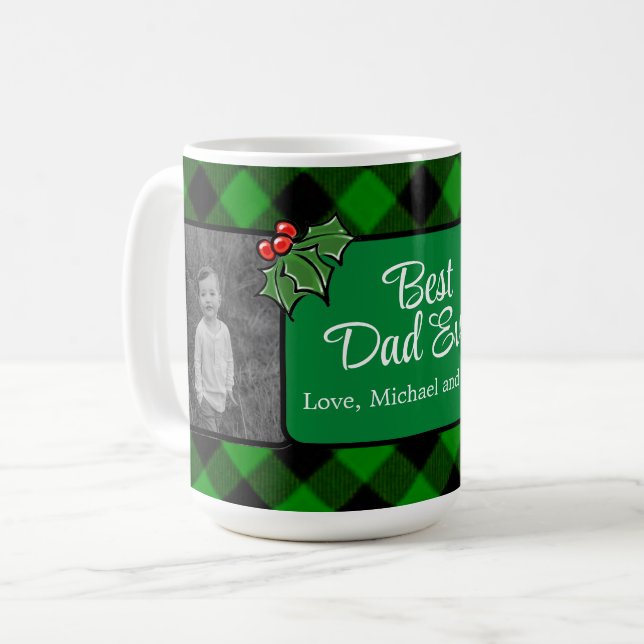 Best Dad ever Christmas classic green Plaid Holly  Coffee Mug (Front Left)