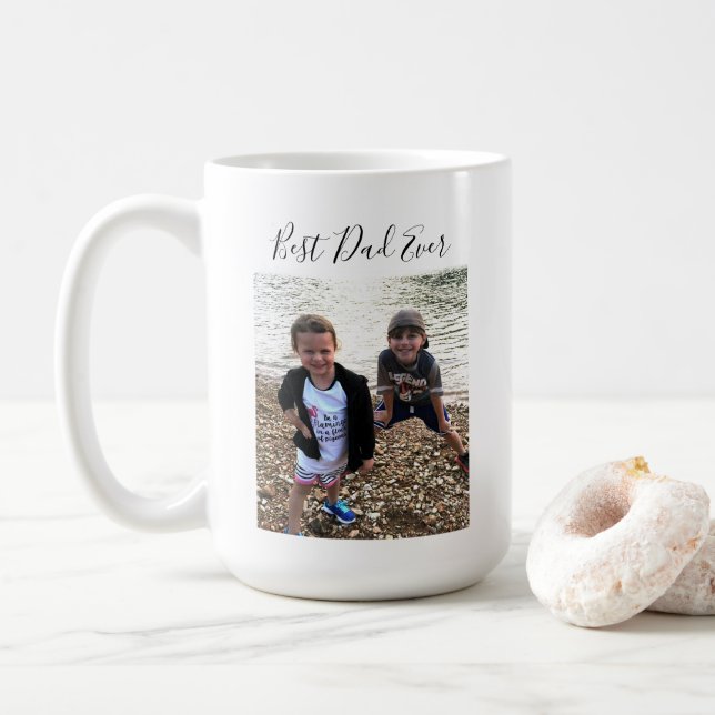 Best Dad Ever Custom Photo Modern Calligraphy Coffee Mug (With Donut)