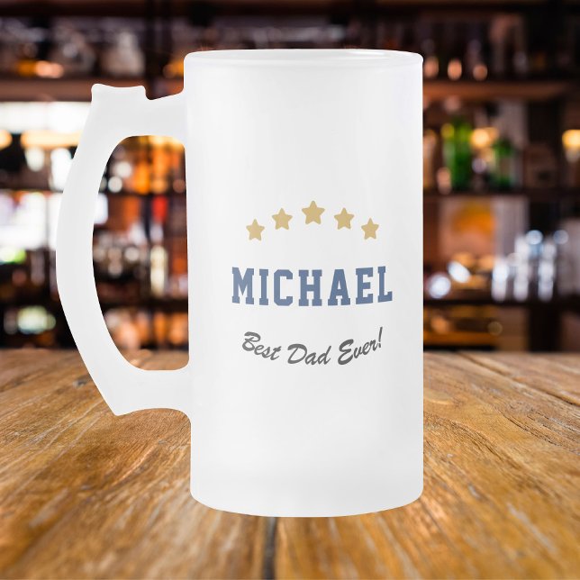 Best Dad Ever Custom Text Gold Stars Personalized Frosted Glass Beer Mug (Creator Uploaded)