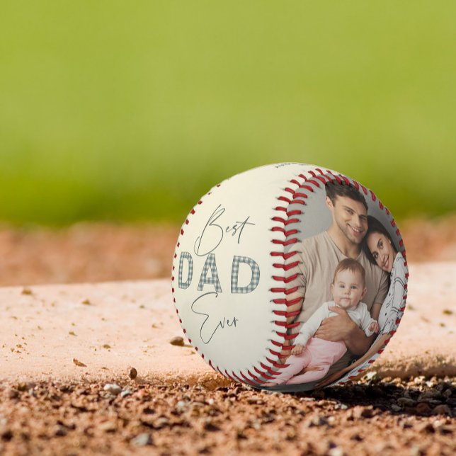 Best Dad Ever Dusty Blue Plaid Fathers Day Photo Baseball (Easily personalize this Best Dad Ever baseball with your text and photos for a gift he'll treasure)