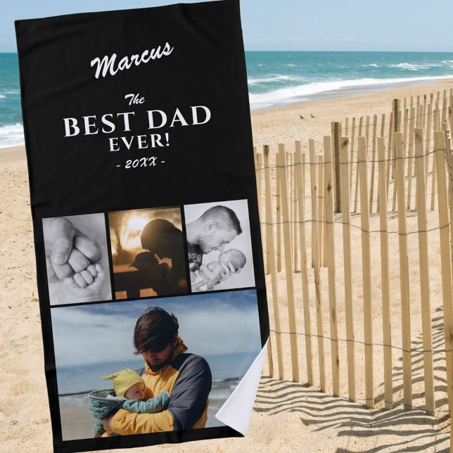 Best Dad Ever Father`s Day Keepsake 4 Photo Black Beach Towel (Creator Uploaded)