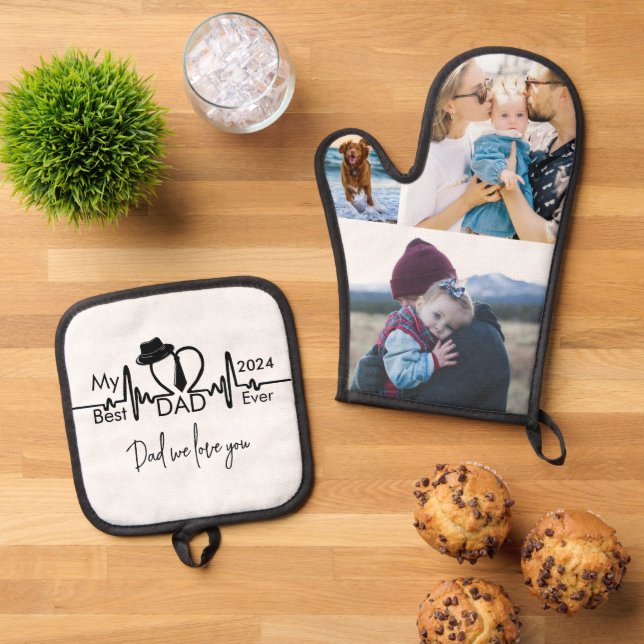 Best Dad Ever Father's Day Heartbeat Photo Collage Oven Mitt & Pot Holder Set (Top Down)
