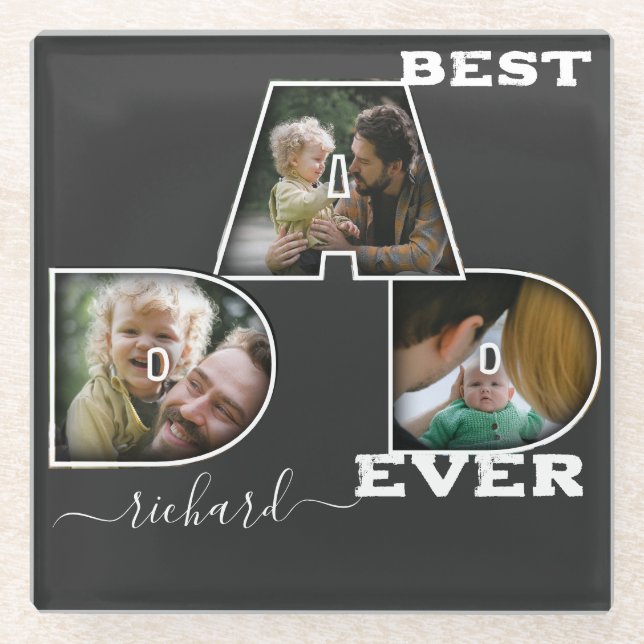 Best Dad Ever Father's Day Name Gift 3 Photo Glass Coaster (Front)