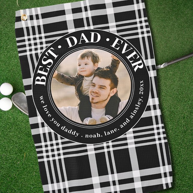 Best Dad Ever Fathers Day Plaid Custom Photo Golf Towel (Creator Uploaded)