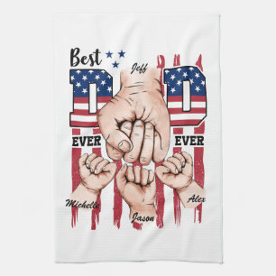 Best Dad Ever – Fist Bump USA Flag - 3 Kids Tea Towel