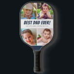 Best Dad Ever Four Photos Navy Blue Pickleball Paddle<br><div class="desc">This fun "Best Dad Ever!" Pickleball paddle space for 4 square photos for pictures of children or dad.  Custom text allows you to personalise with names of the kids.</div>