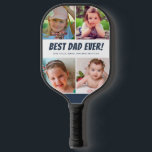Best Dad Ever Four Photos Navy Blue Pickleball Paddle<br><div class="desc">This fun "Best Dad Ever!" Pickleball paddle space for 4 square photos for pictures of children or dad.  Custom text allows you to personalise with names of the kids.</div>