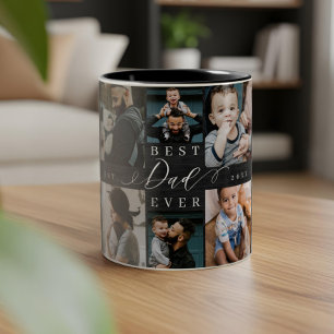 Best Dad Ever Gift Black Woodgrain Photo Collage Two-Tone Coffee Mug