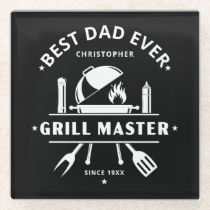 Best Dad Ever Grill Master Black & White Glass Coaster