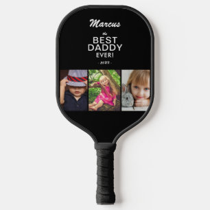 Best Dad Ever Keepsake 3 Photo Collage Black Pickleball Paddle