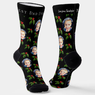 Best Dad Ever Kid Photo & Name Holly Berry Holiday Socks