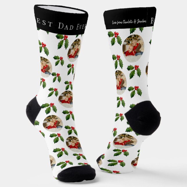 Best Dad Ever Kid Photo & Name Holly Berry Holiday Socks (Angled)