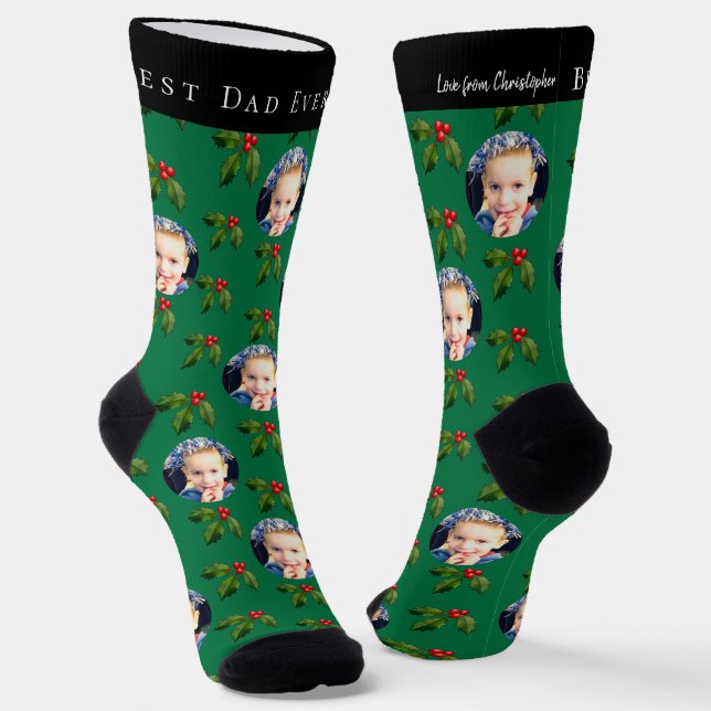 Best Dad Ever Kids Photo Holly Berry Green Holiday Socks (Angled)
