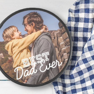 Best Dad Ever Modern Cool Stitch Custom Photo Hockey Puck