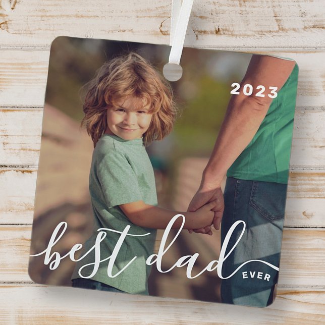 Best Dad Ever Modern Simple Playful Script Photo Metal Tree Decoration (Creator Uploaded)