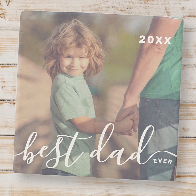 Best Dad Ever Modern Simple Playful Script Photo Stone Coaster (Creator Uploaded)
