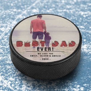 Best Dad Ever Modern Typography Full Photo Hockey Puck