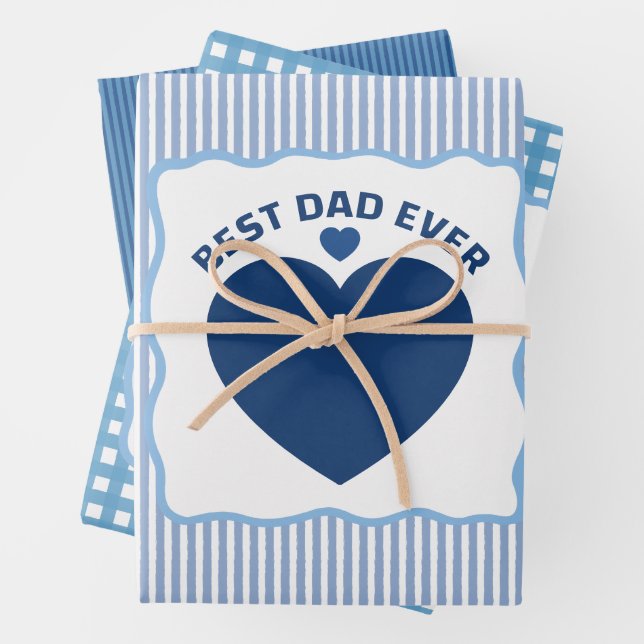 Best Dad Ever navy blue heart stripped pattern Wrapping Paper Sheet (In situ)