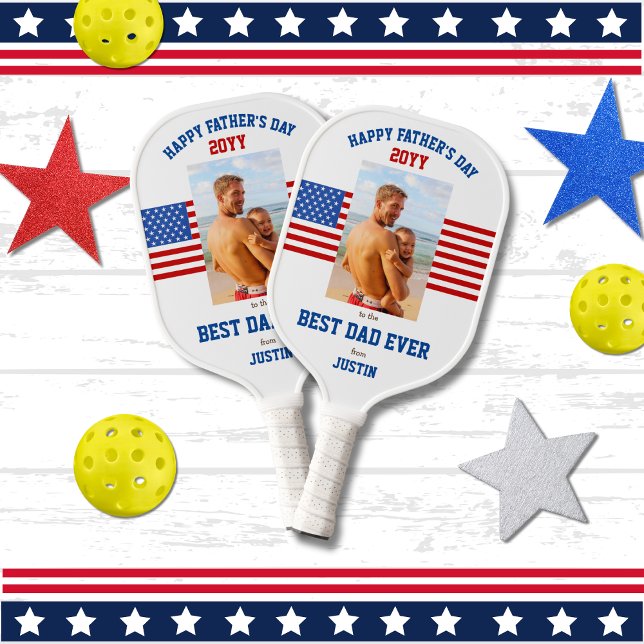 Best Dad Ever Patriotic Red White Blue Photo Pickleball Paddle (Creator Uploaded)