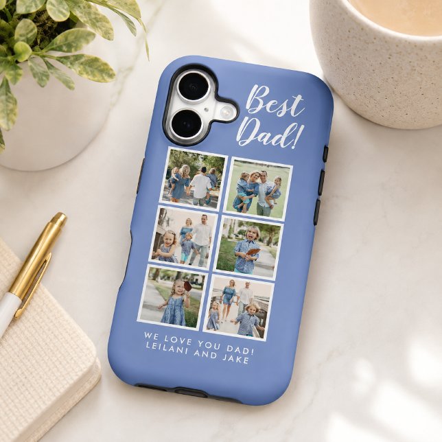 Best Dad Ever Periwinkle Blue 6 Photo Collage Case-Mate iPhone Case (Celebrate dad with this Best Dad Ever periwinkle blue 6 photo collage design. )