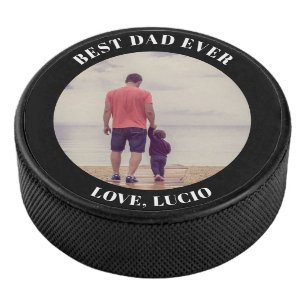 Best dad ever personalised photo black hockey puck