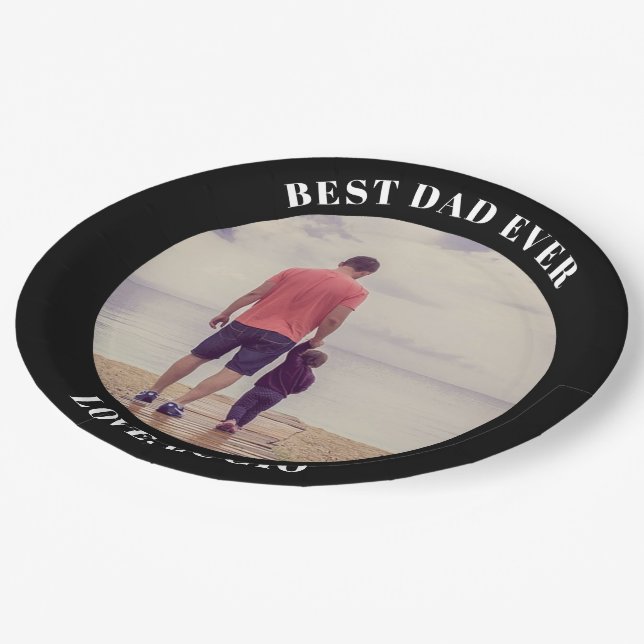 Best dad ever personalised photo black paper plate (Angled)