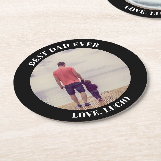 Best dad ever personalised photo black round paper coaster (Angled)