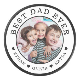 Best Dad Ever Personalized Photo Black And White  Hockey Puck