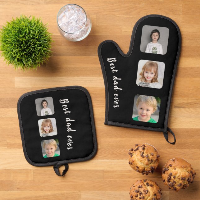 Best Dad Ever Photo Collage Black Oven Mitt & Pot Holder Set (Top Down)