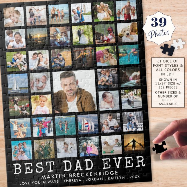 BEST DAD EVER Photo Collage Name Black Jigsaw Puzzle (Creator Uploaded)