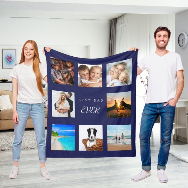 Best dad ever photo collage navy blue father fleece blanket (Creator Uploaded)