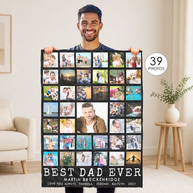 BEST DAD EVER Photo Collage Your Text Black Fleece Blanket (Creator Uploaded)