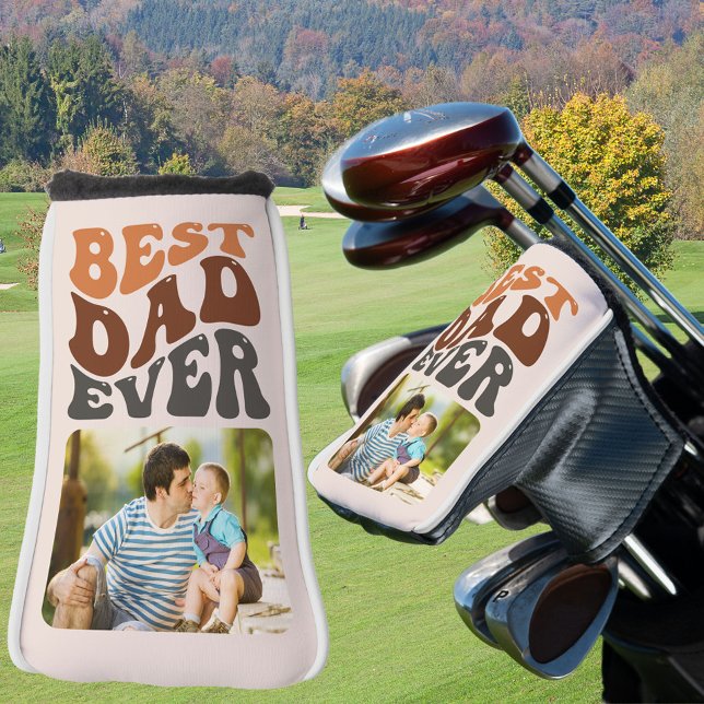 Best Dad Ever Photo Groovy Retro Typography Golf Head Cover (Creator Uploaded)