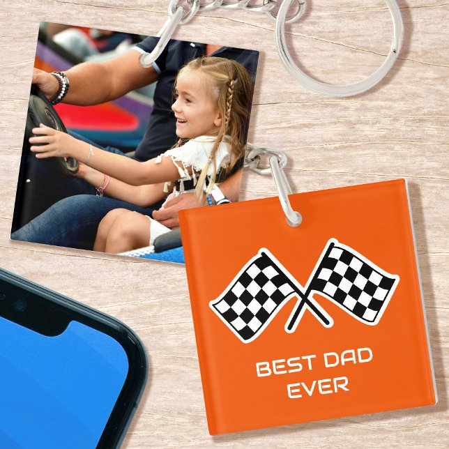 Best Dad Ever Photo Racing Chequered Flags Orange Key Ring (Creator Uploaded)