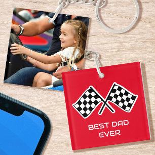 Best Dad Ever Photo Racing Chequered Flags Red Key Ring