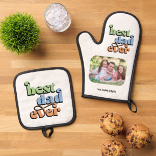 Best Dad Ever Photo Retro Text Oven Mitt & Pot Holder Set