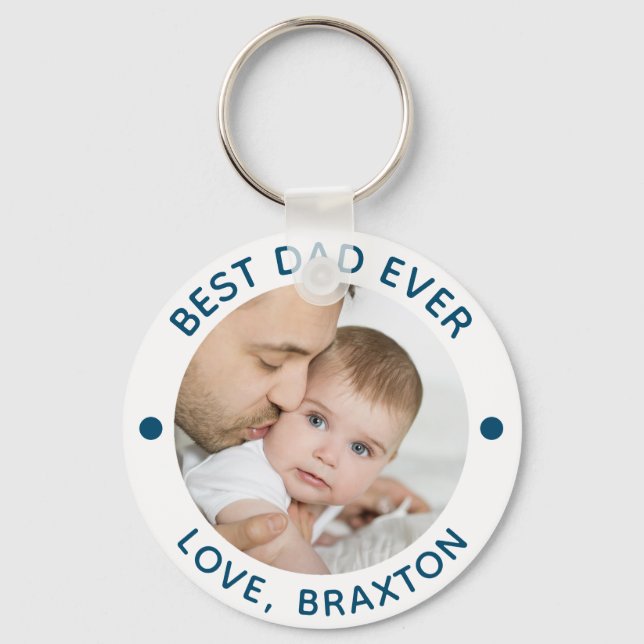 BEST DAD EVER Photo Teal Blue Personalised Key Ring (Front)