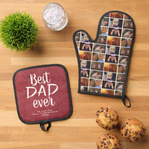 Best Dad Ever Red Leather Print 6 Photo Collage Oven Mitt & Pot Holder Set