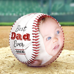 Best Dad Ever Red Typography Rustic Wood 2 Photo Baseball