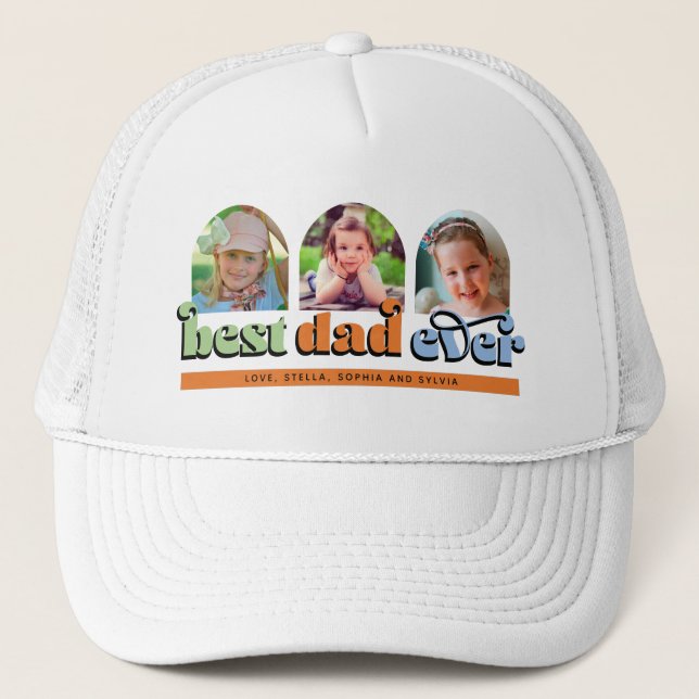 Best Dad Ever Retro Text 3 Photos Trucker Hat (Front)