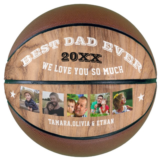  Best Dad Ever Rustic Wood 5 Photo Collage Basketball (Front)