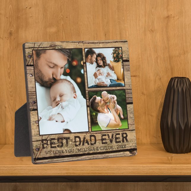 BEST DAD EVER Rustic Wood Photo Collage Plaque (Creator Uploaded)