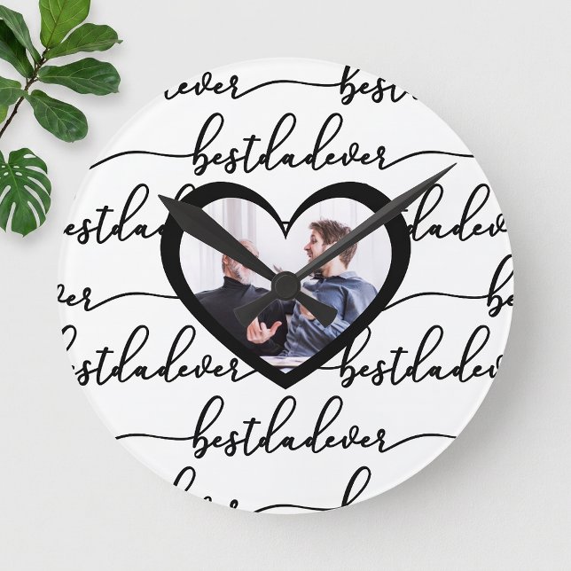 Best Dad Ever Script Black White Photo Round Clock (Best Dad Ever Script Black White Photo Round Clock)