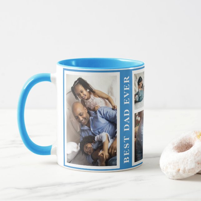 Best Dad Ever simple 5 photo collage white blue Mug (With Donut)