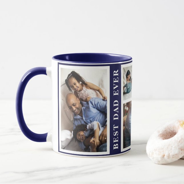 Best Dad Ever simple 5 photo collage white purple Mug (With Donut)