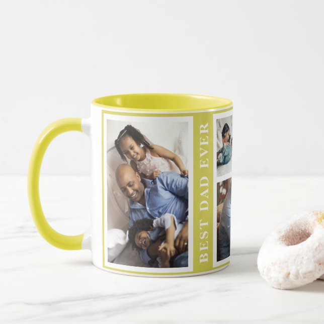 Best Dad Ever simple 5 photo collage yellow Mug (With Donut)